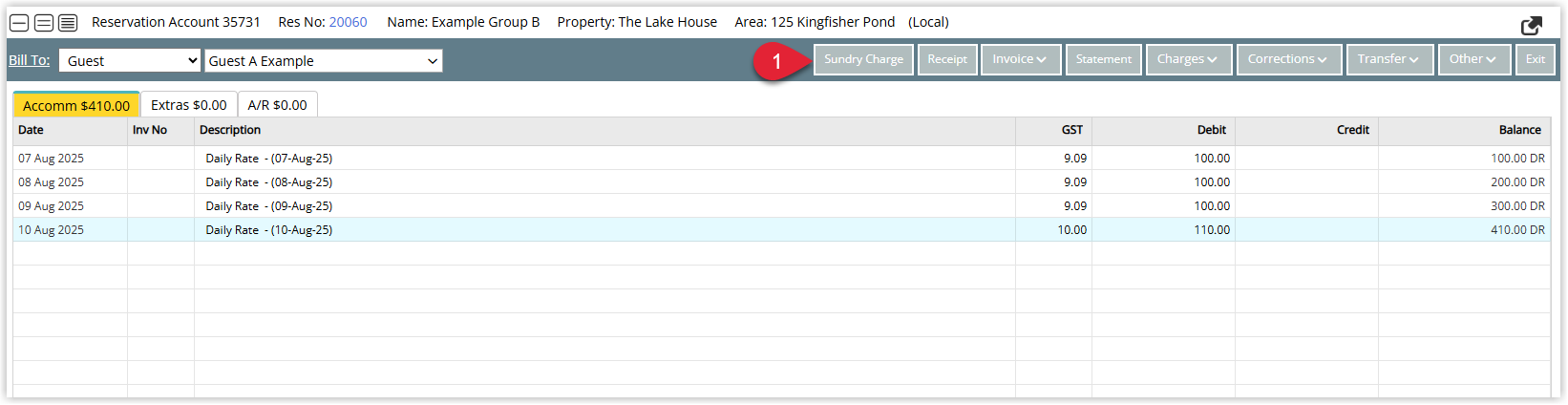 Account screen in RMS showing the list of transactions and the ‘Sundry Charge’ option or button highlighted to add a new sundry item to the account.
