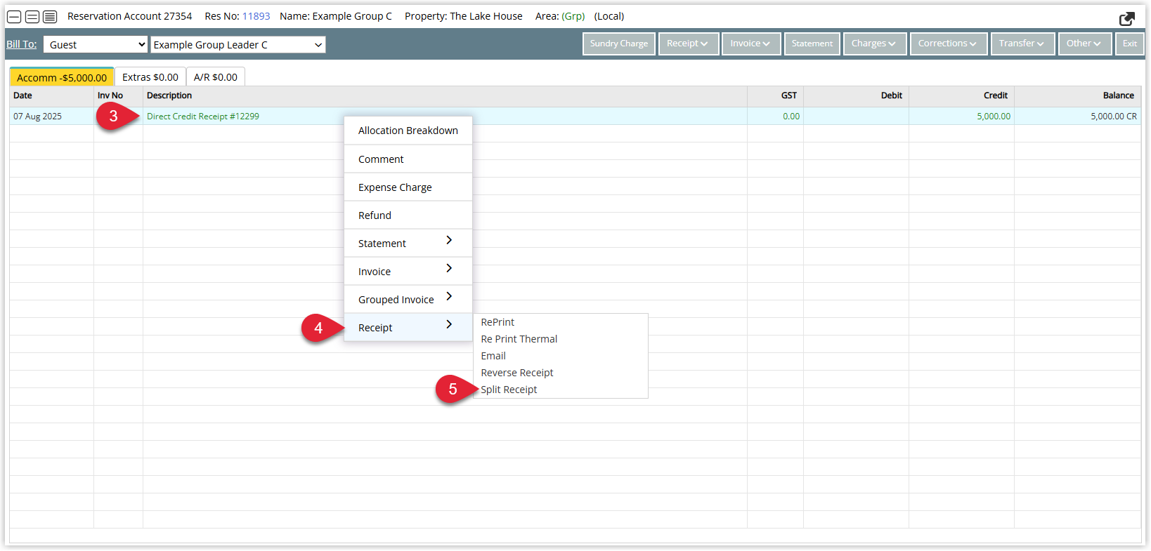 Master reservation account in RMS with a receipt transaction right‑clicked, showing the Receipt context menu and the Split Receipt option used to distribute funds to sibling reservations.