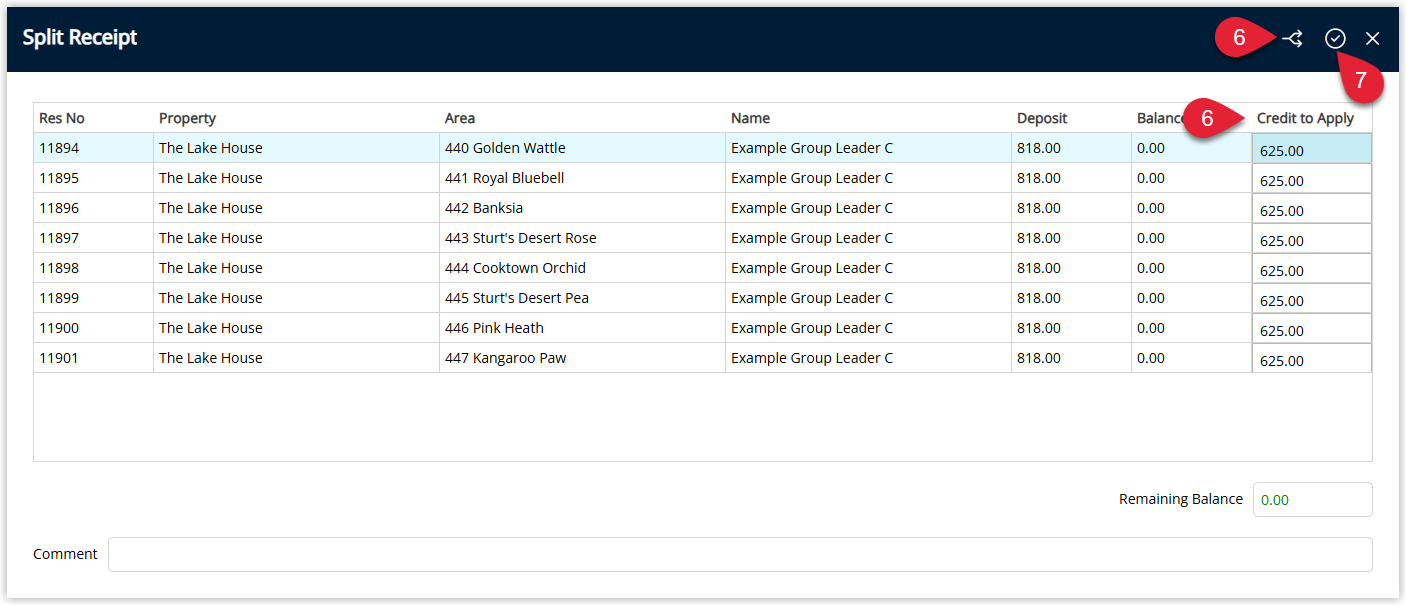 Split Receipt window in RMS showing sibling reservations with allocated credit amounts, a Transaction Comment field, and the Apply/Exit button to complete the split.