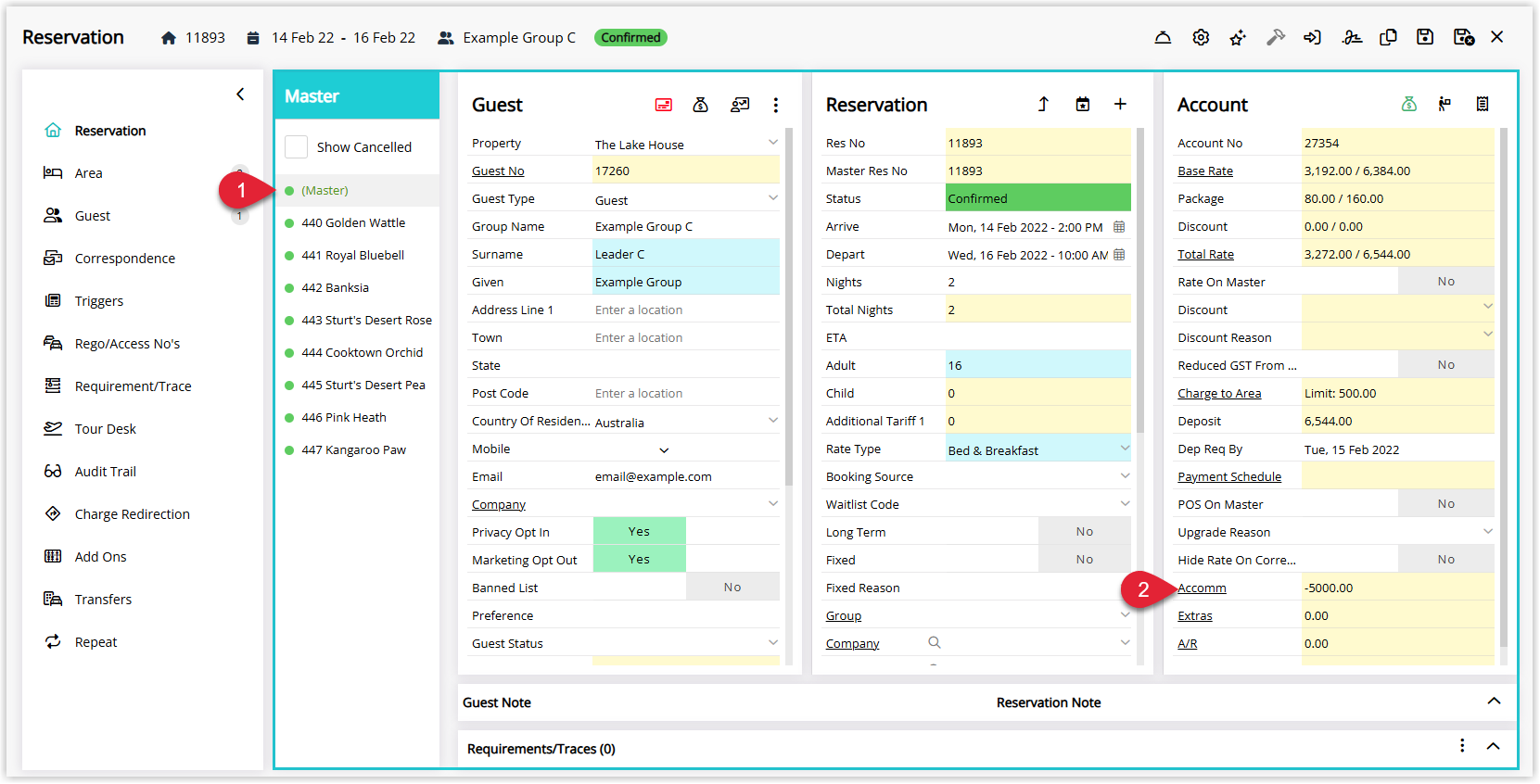 Master reservation screen in RMS with the Group Master selected in the Navigator Pane and an Account Type (e.g. Accomm/Extras) chosen to view the receipt to be split.