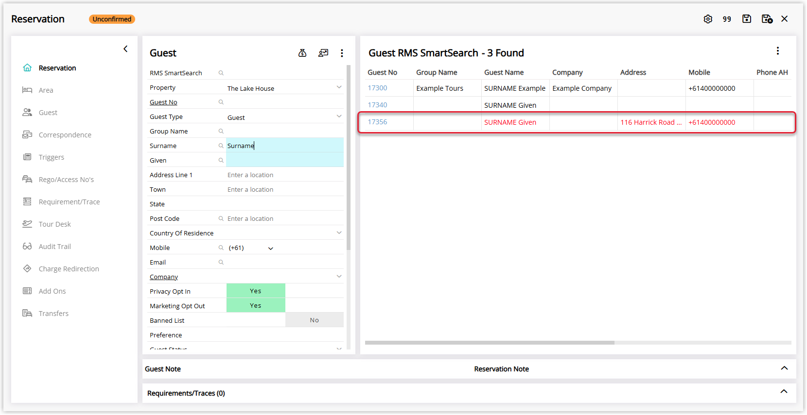 RMS guest search or Smart Search results listing multiple guest profiles, with a banned guest’s name displayed in red text to clearly indicate they are on the Banned List.