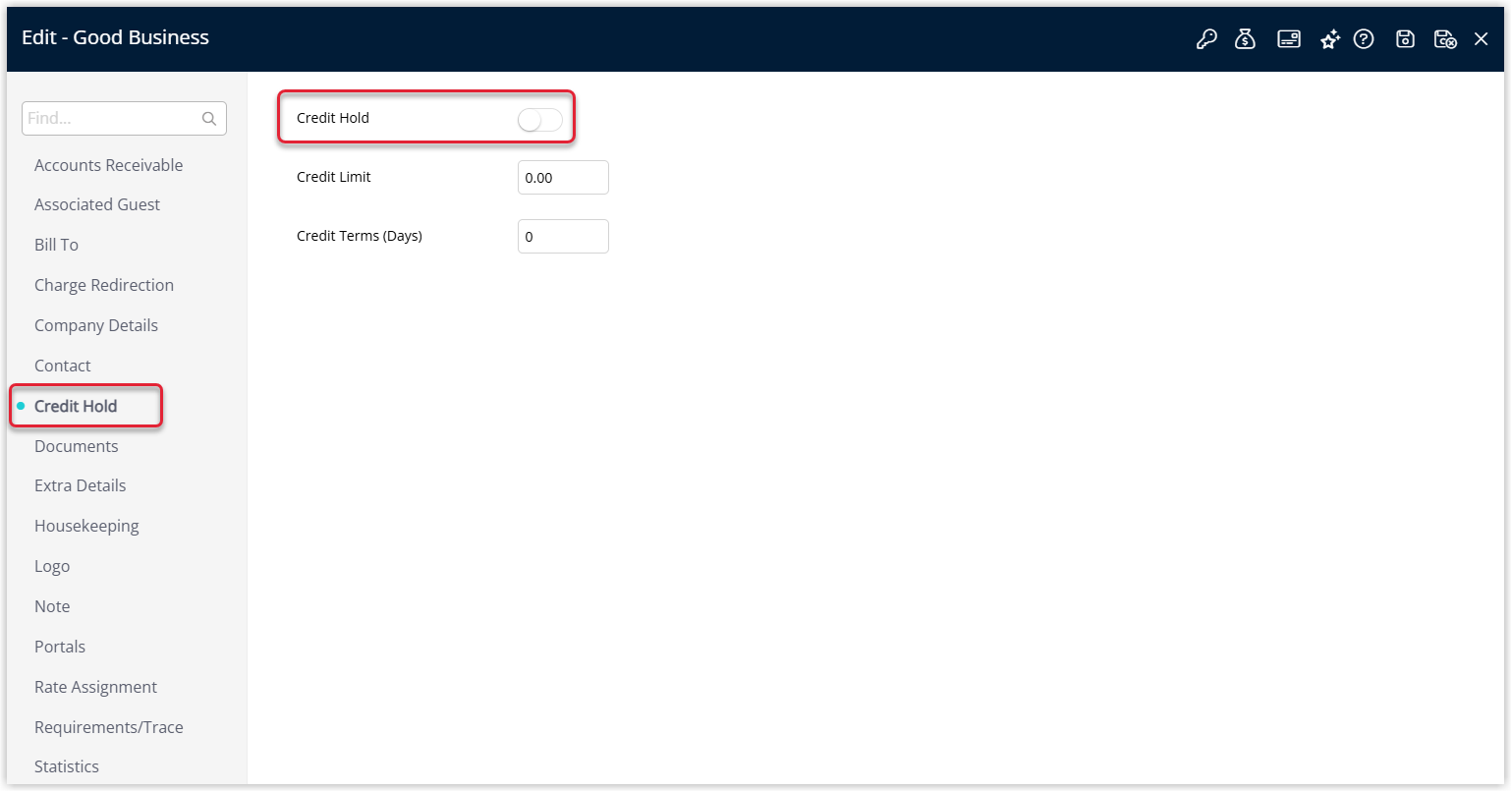 Screenshot of a profile in RMS, such as a company or travel agent, showing the Credit Hold option selected to prevent new reservations or charges when the account is on hold.