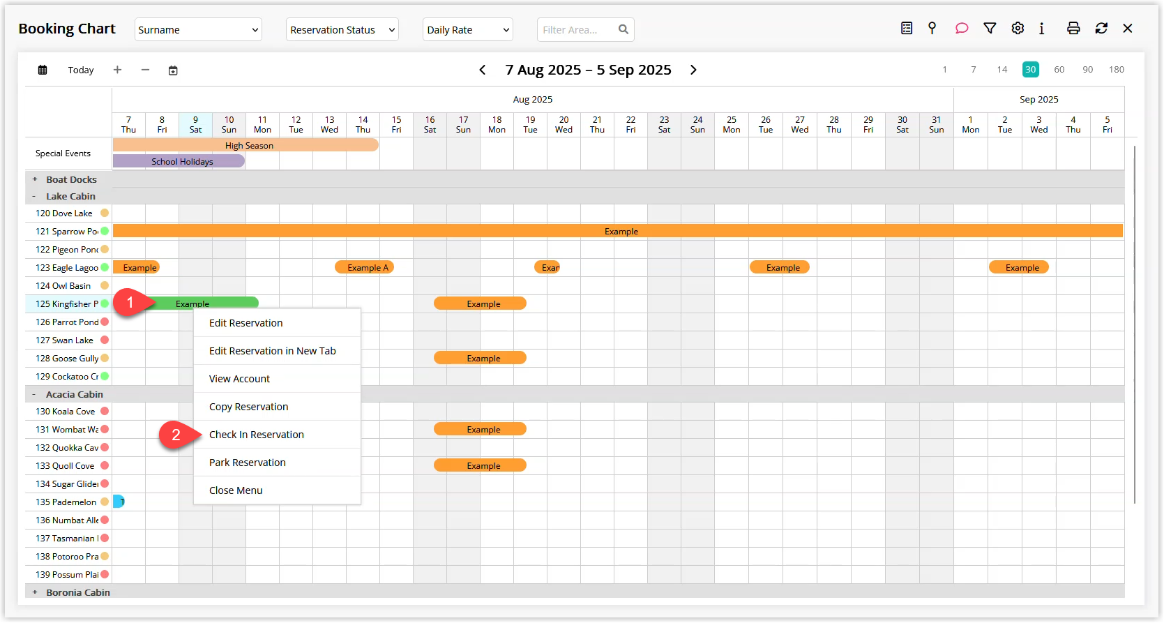 RMS Booking Chart displaying the grid of reservations with one reservation cell right‑clicked to open the context menu, and the Check-in Reservation option highlighted to record the guest’s arrival directly from the chart.
