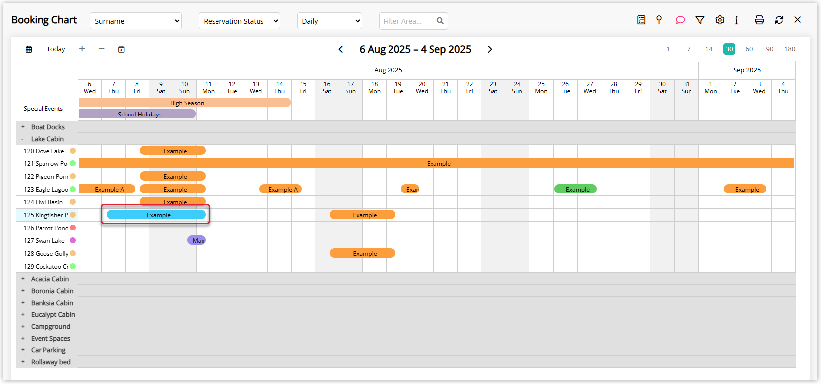 RMS Booking Chart showing the same reservation now updated with status Arrived, visually indicating the guest is checked in, with the reservation cell styled according to the Arrived status.