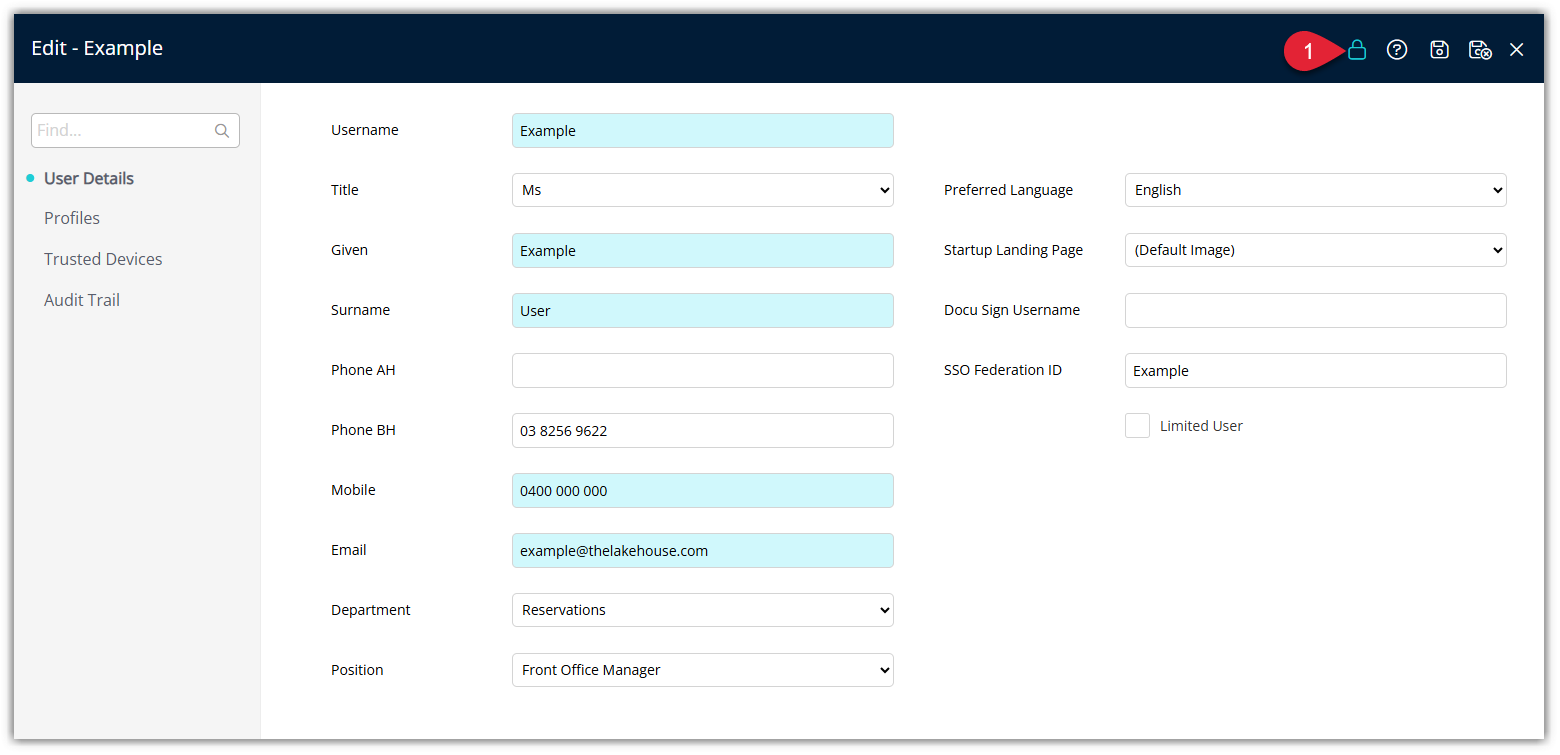 Annotated screenshot of the Edit User screen in RMS highlighting the Two-Factor Authentication icon in the toolbar