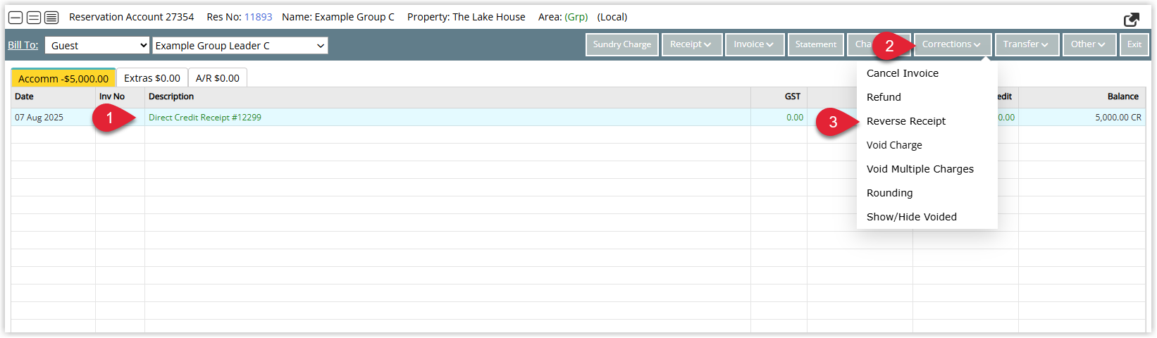 Screenshot of a guest account in RMS showing the transaction list with a receipt highlighted and the option to reverse the selected receipt.