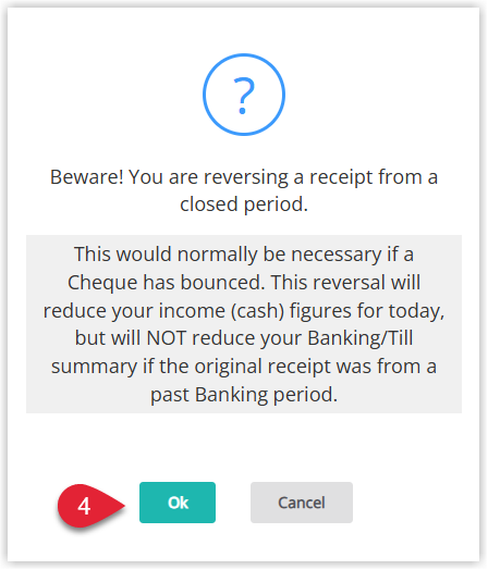 Screenshot of the Reverse Receipt warning dialog in RMS asking the user to confirm that they want to reverse the selected receipt and advising that a reversal transaction will be created.