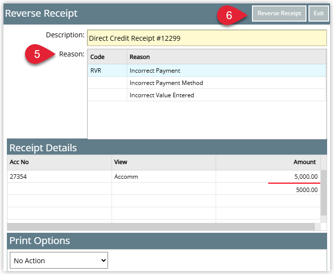 Screenshot of the guest account in RMS after reversing a receipt, showing the original receipt and a matching reversal transaction bringing the account balance back to its previous amount.