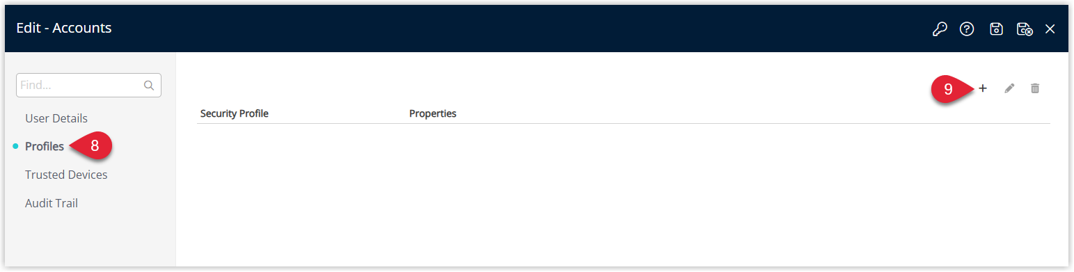 Profiles tab on the User setup screen in RMS showing the Add button used to assign a Security Profile to the Limited User.