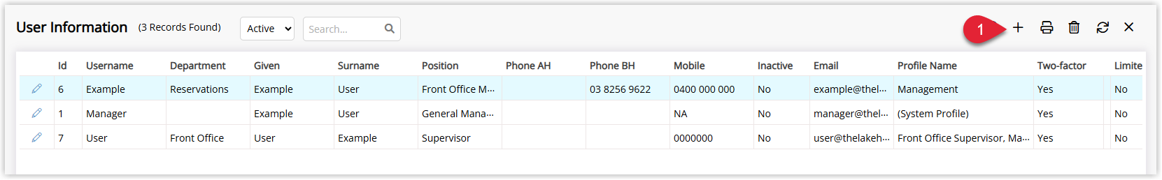 User Information screen in RMS showing the Add button used to create a new user.