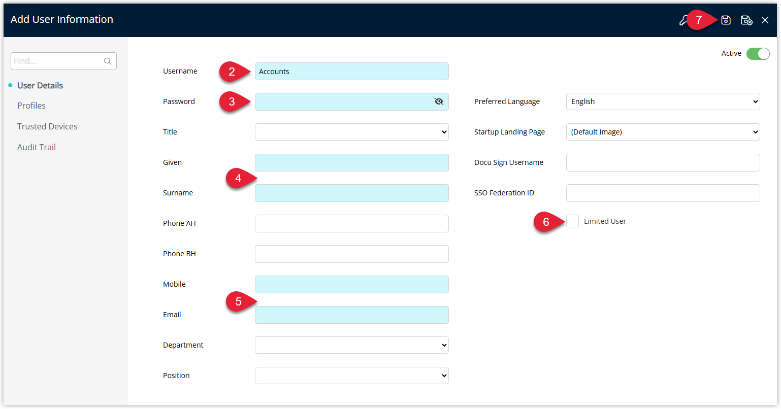 New User setup screen in RMS with Username, Password, User Details and User Contacts completed, the Limited User checkbox selected, and the Save button highlighted.