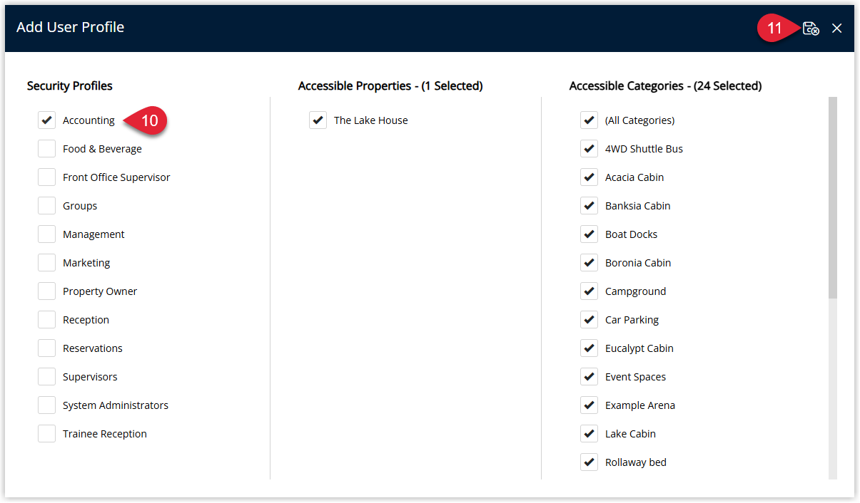 Select Security Profile window in RMS displaying available Security Profiles with one chosen and the Save/Exit button to assign it to the user.
