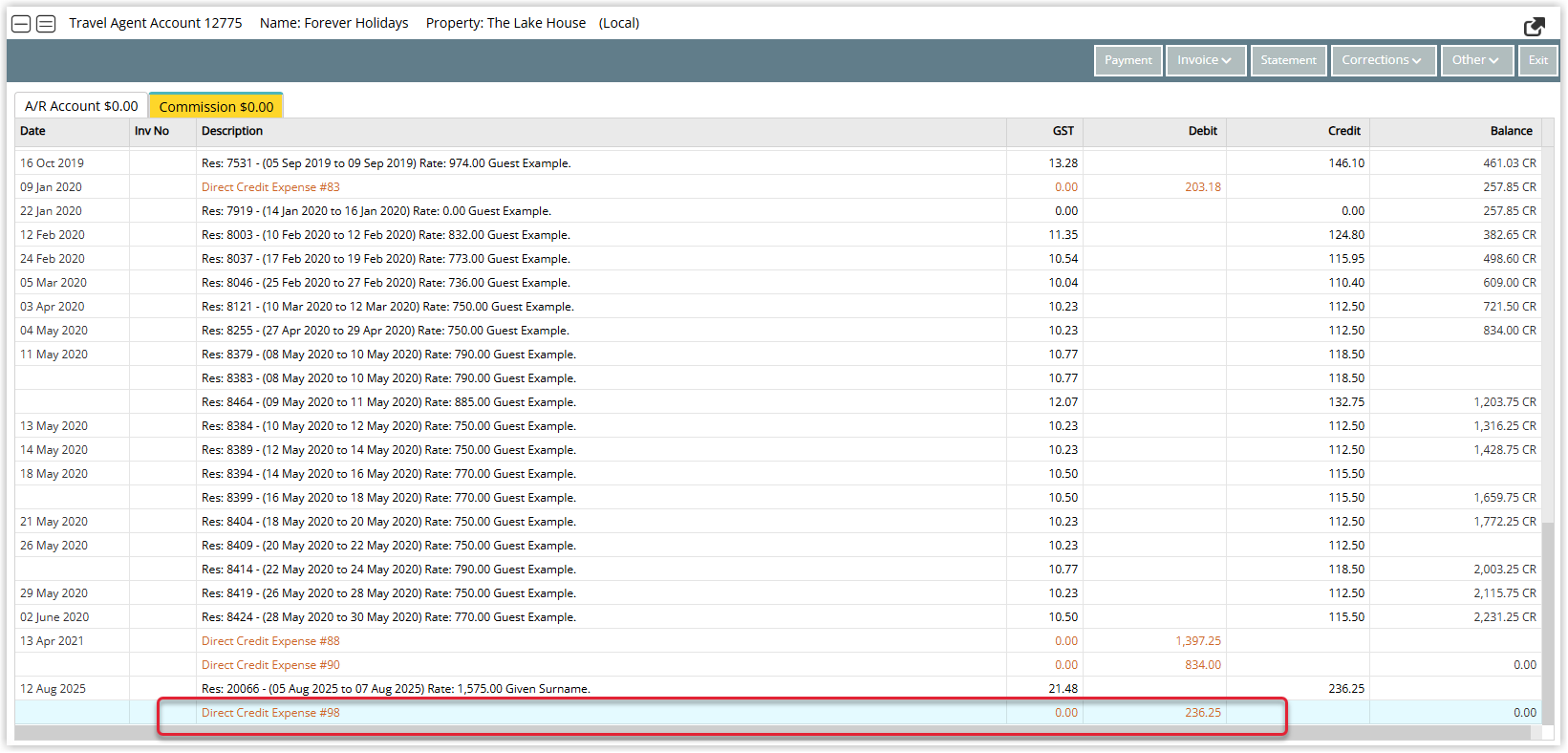 RMS Travel Agent Commission Account transactions screen showing a new Expense Payment entry posted for the total value of the commissions that were processed from the Travel Agent Commissions utility.