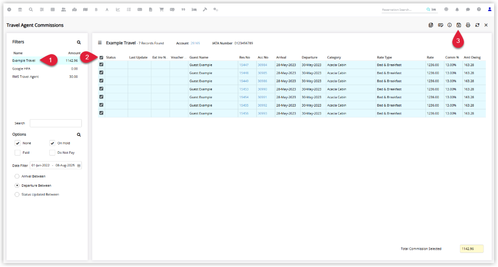 RMS Travel Agent Commissions screen showing a selected Travel Agent, optional filters and batch expansion, and a list of commission lines with checkboxes ticked before clicking Apply Payment to process the selected commissions.