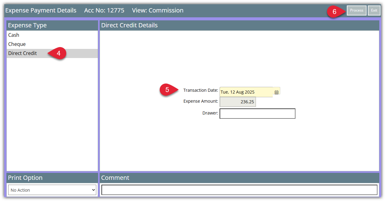 RMS Apply Payment window for Travel Agent Commissions displaying fields for Expense Type and Payment Details (such as date, reference, and amount), with the Process button highlighted to create the expense payment for the selected commissions.