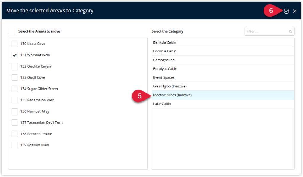 RMS Move Area dialog showing the selected Area and a dropdown or list of target Categories, with an inactive Category chosen as the new Category and the Move/Exit button highlighted to complete the relocation.