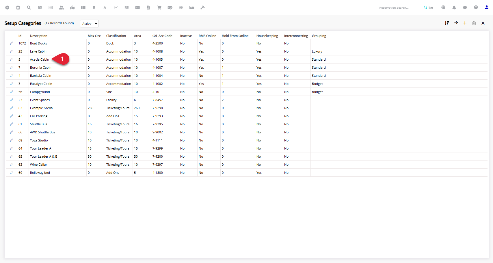 RMS Category/Area setup screen showing a list of Categories with one Category selected and the Edit option chosen to modify its configuration.