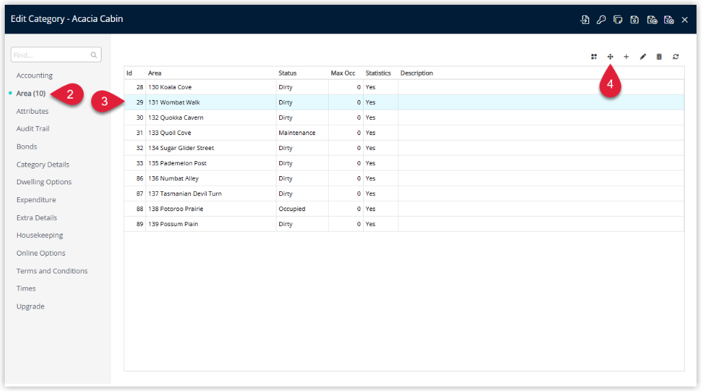 RMS Category setup window with the Area tab selected, displaying a list of Areas under the current Category, one Area highlighted, and the Move button selected to reassign that Area to another Category.