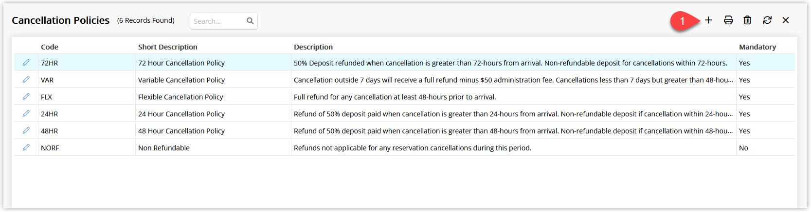 Cancellation Policies lookup table in RMS showing a list of existing policies with the Add button highlighted to create a new cancellation policy.