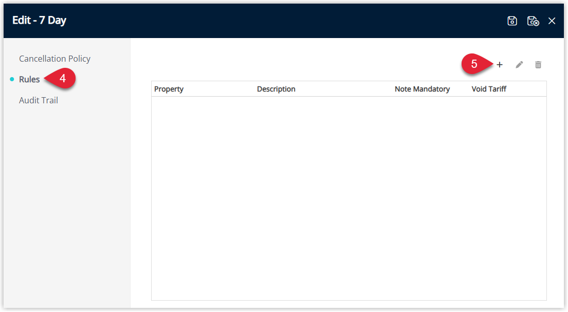Rules tab of the selected Cancellation Policy showing an empty list of rules with the Add button highlighted to create a new property specific cancellation rule.