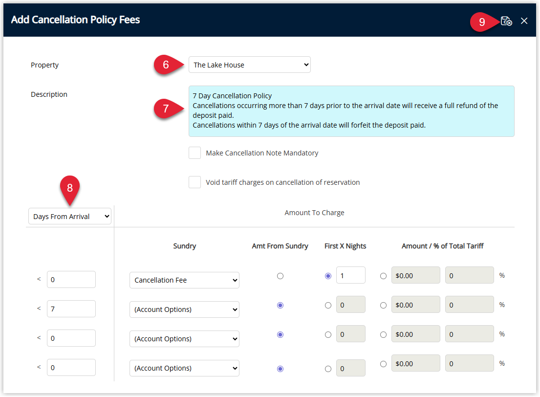 Cancellation Policy Rule window showing Property selection description options for Make Cancellation Note Mandatory and Void tariff charges on cancellation of reservation plus fields for cancellation time frame and amount to charge with Save Exit selected.