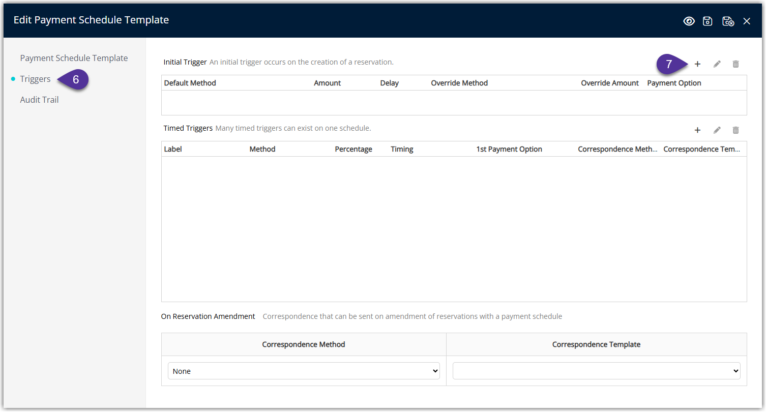 Triggers tab of a Payment Schedule Template showing no triggers yet defined and the Add plus icon highlighted to create an Initial Trigger.