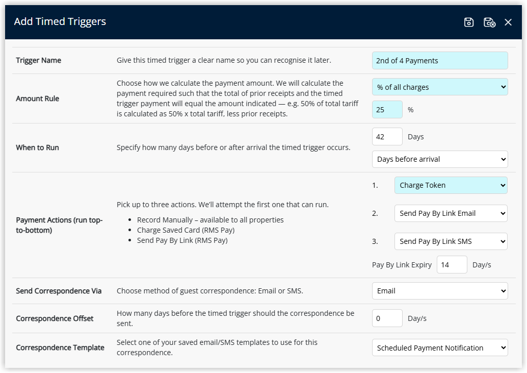 Timed Trigger configuration window displaying fields for Trigger Name amount rule when to run payment actions correspondence method offset and correspondence template selection.