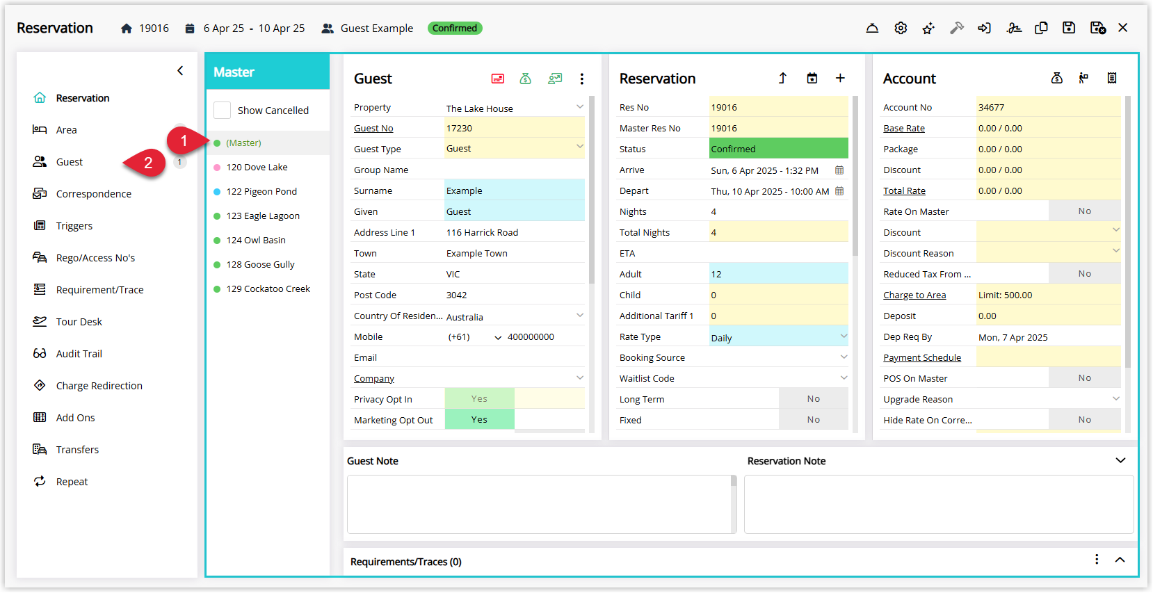 RMS Master Reservation opened from the Navigator pane with the Master record selected and the Guest tab visible, showing a table of sibling reservations and their current guest names ready for editing.