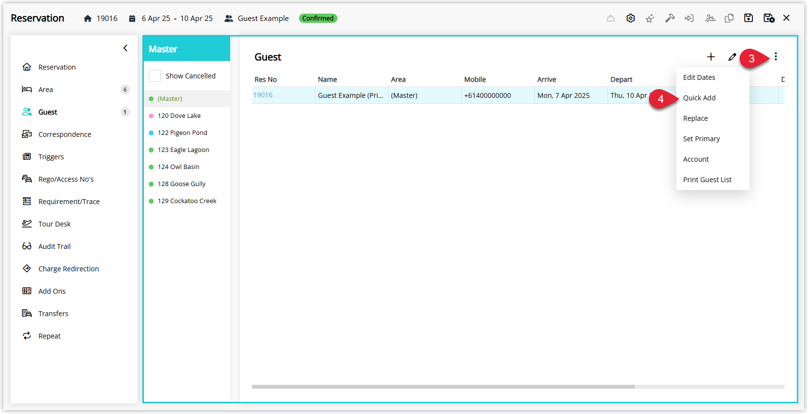RMS Master Reservation Guest tab showing the Options icon highlighted, with its menu expanded and the Quick Add option selected to bulk update guest names for sibling reservations.