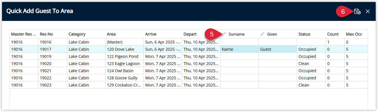 RMS Quick Add window displaying a list of sibling reservations with editable Guest Surname and Given fields for each reservation, populated with new guest names, and the Save/Exit button highlighted to apply the updates.