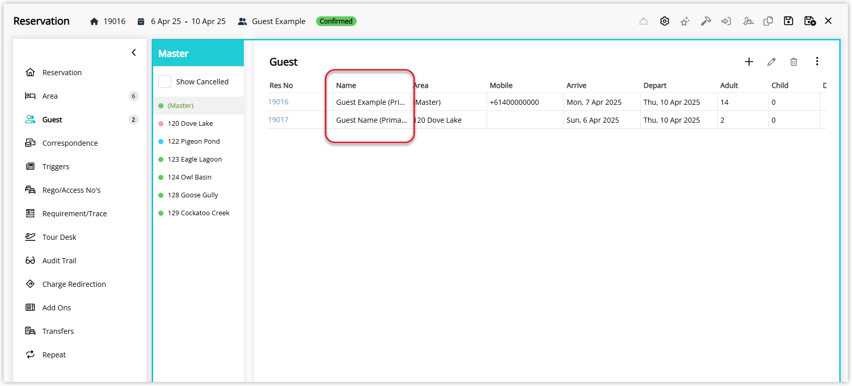 RMS individual sibling reservation screen displaying the Guest Details section with the updated guest name that was entered via Quick Add on the Master Reservation, confirming the Guest Profile has been changed.