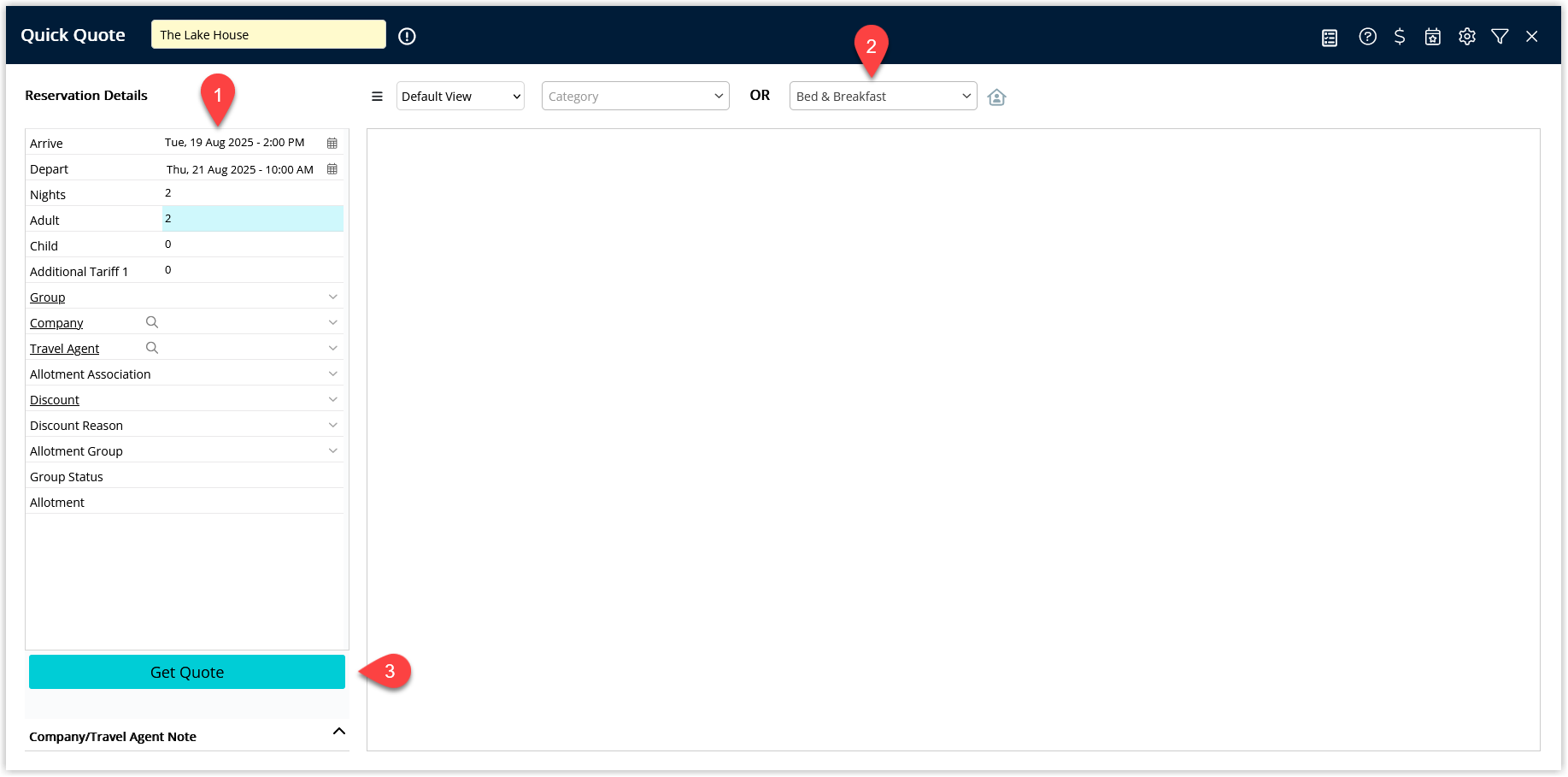 Quick Quote screen in RMS with Reservation Details and a Rate Type selected, highlighting the Get Quote option to display available rates.