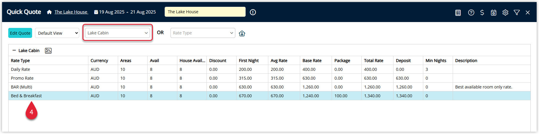 Quick Quote results displaying available Categories with rates for the selected dates, ready for the user to choose one.