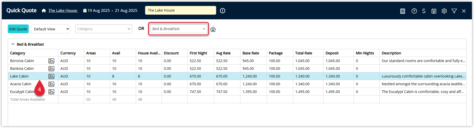 Quick Quote results displaying available Rate Types and pricing for the selected dates, ready for the user to select a rate.