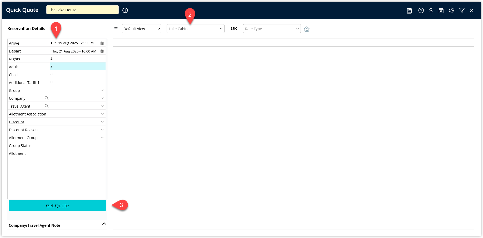 Quick Quote screen in RMS showing Reservation Details completed, a Category selected, and the Get Quote button ready to generate pricing.
