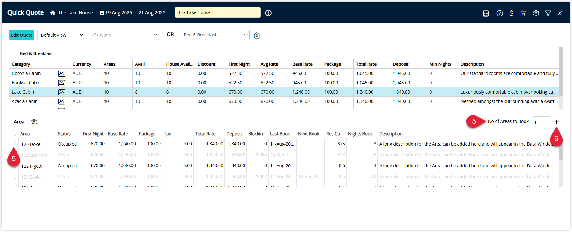 Quick Quote screen showing an Area to Book selected and the Add to Reservation button highlighted to add the chosen area to the reservation.