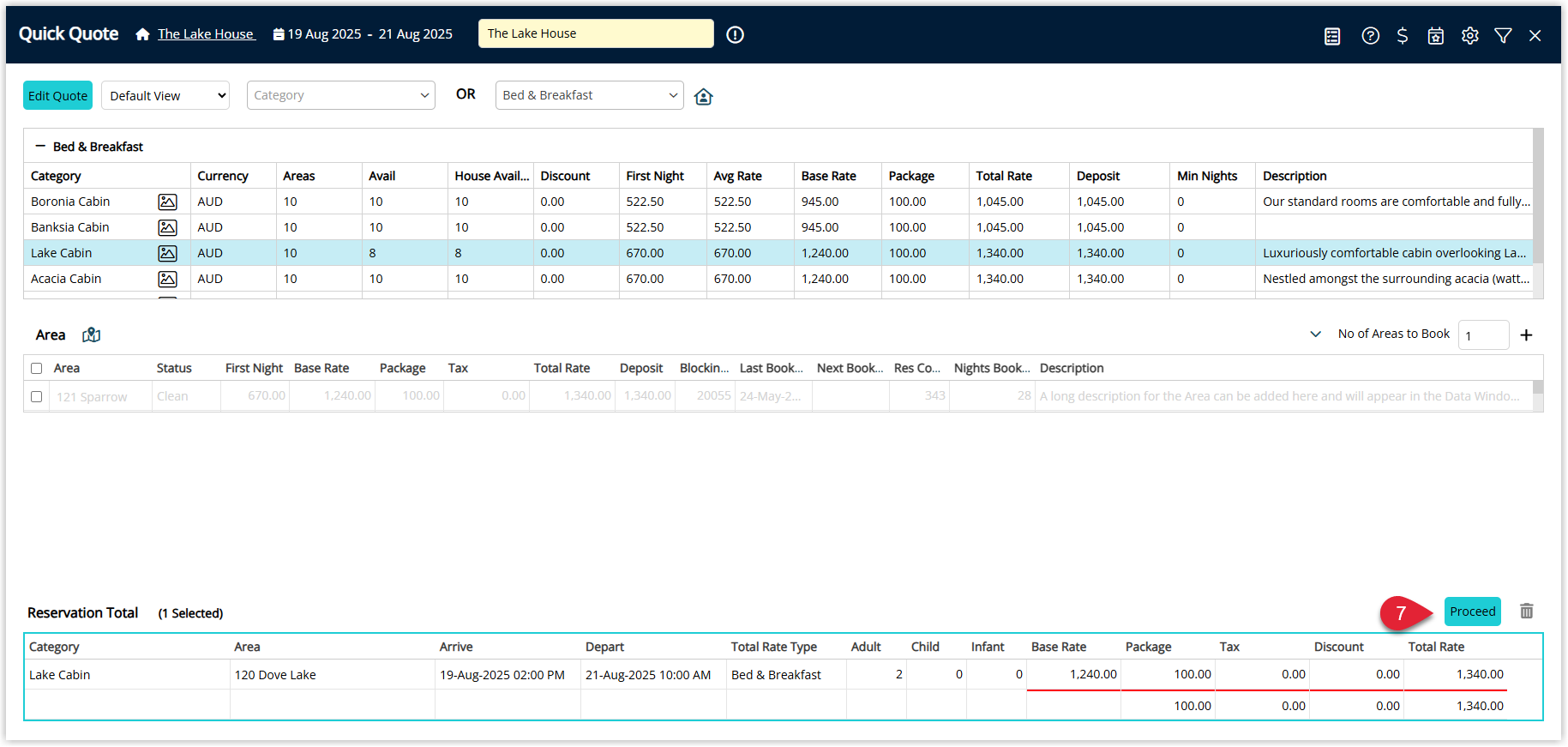 Quick Quote reservation summary screen in RMS with the Proceed button selected to continue to Guest Details.