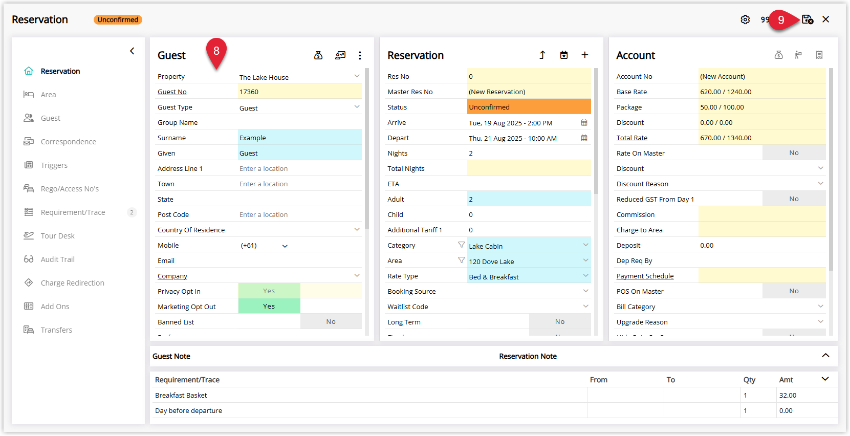 Reservation screen in RMS with Guest Details completed and the Save/Exit button highlighted to create the reservation from Quick Quote.