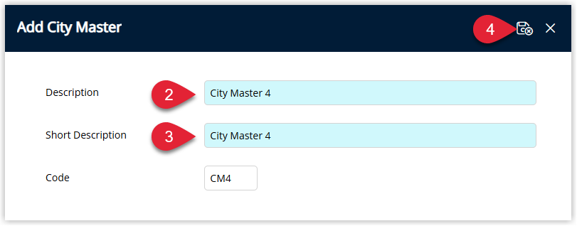 Screenshot of the City Master setup screen in RMS showing fields for Description, Short Description and an optional Code, with the Save/Exit button highlighted to save the new City Master record.