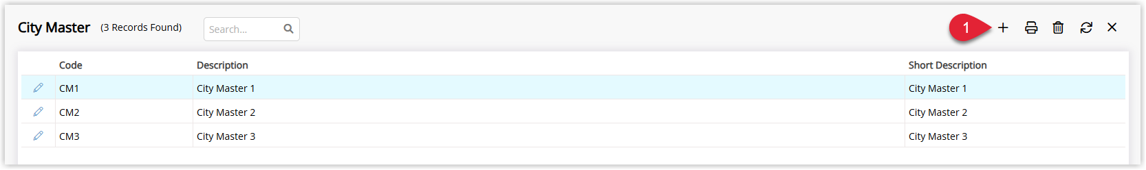 Screenshot of the City Master lookup table in RMS showing a list of existing city records with the Add button highlighted to create a new City Master entry.