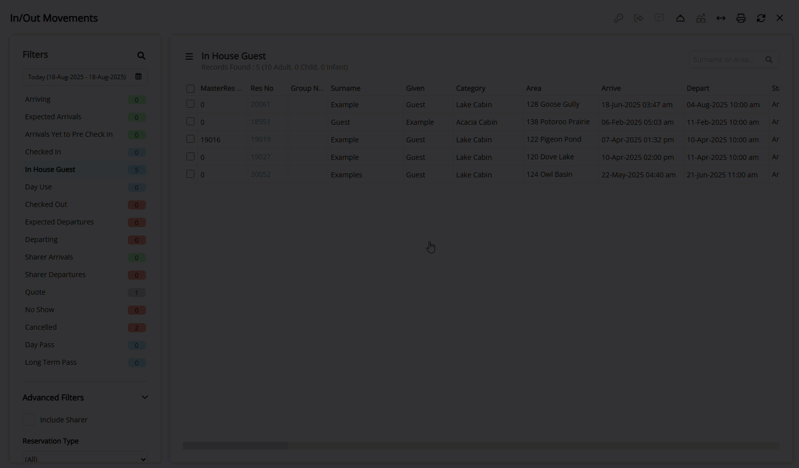 Screenshot of the In/Out Movements screen in RMS showing a column being reordered by dragging its header