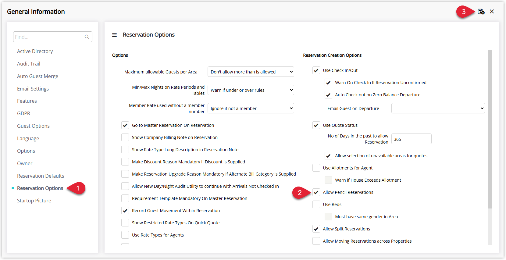 Screenshot of the Property Options window in RMS with the Reservation Options tab selected, showing the Allow Pencil Reservations checkbox ticked and the Save/Exit button highlighted.