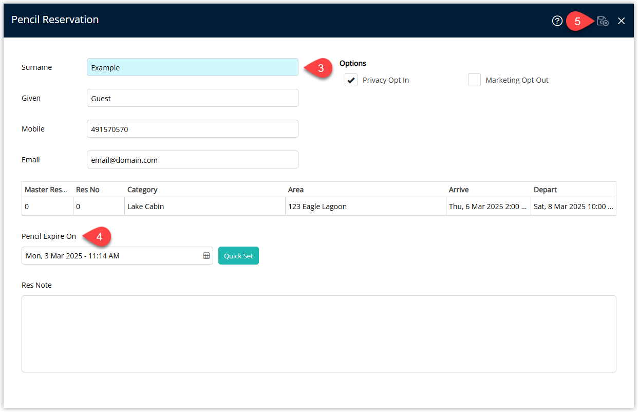 Screenshot of the Pencil Reservation details window in RMS showing fields for Guest Details, Privacy Opt In and Marketing Opt Out checkboxes, Expiry Date and Time, optional Reservation Note and the Save/Exit button highlighted.
