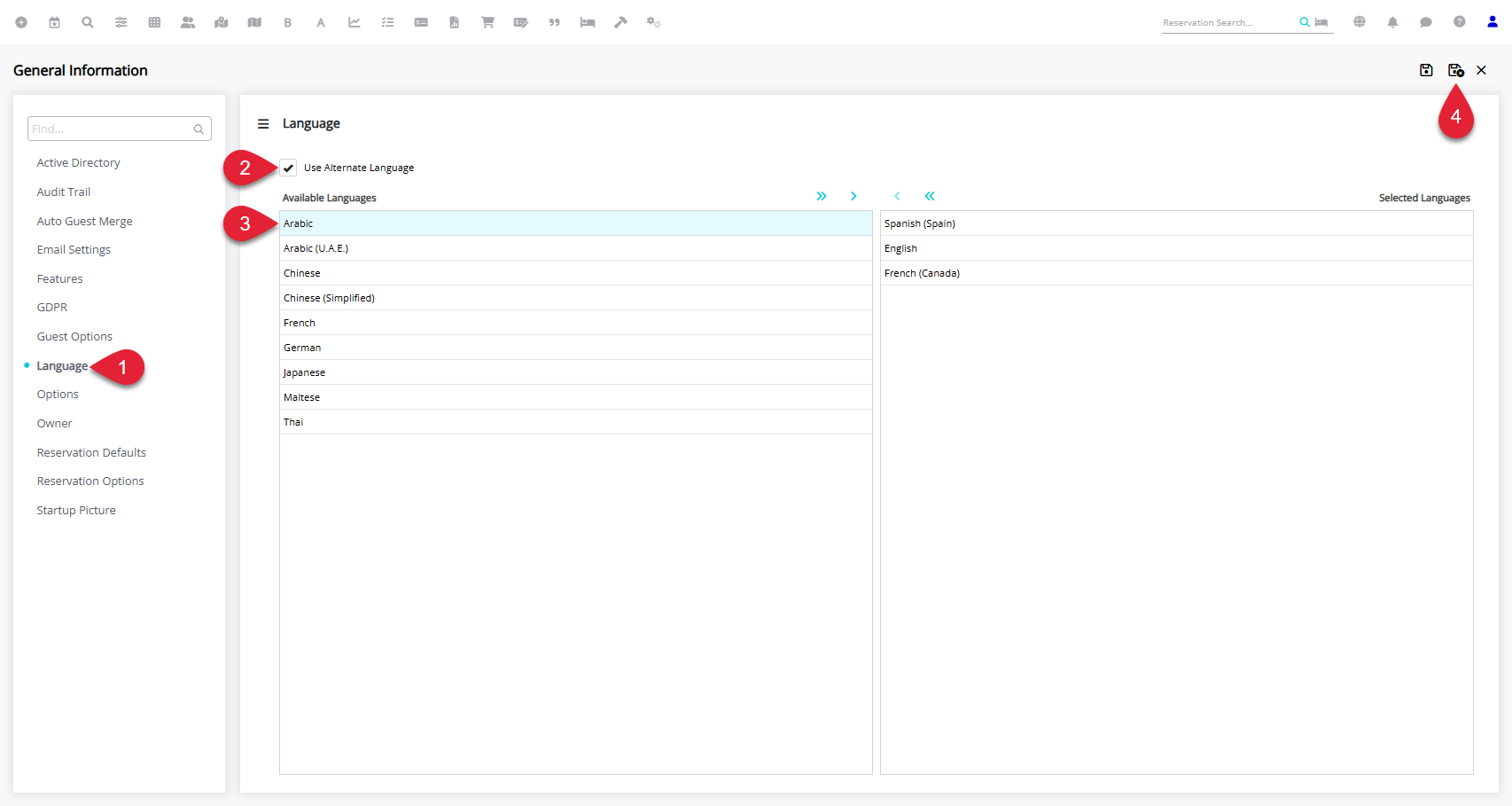Screenshot of the General Information screen in RMS with the Language tab selected, showing the Use Alternate Language checkbox ticked and one or more languages moved to the selected list using the > button, with Save/Exit available.