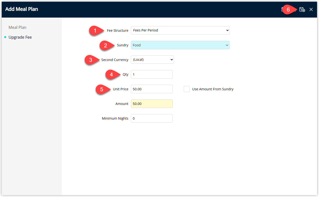 RMS Meal Plan Upgrade Fee tab configured with Fee Structure set to Fees Per Period, a Sundry Charge and Currency selected, Quantity and Unit Price (or Use Amount from Sundry) entered, optional Minimum Nights completed, and Save/Exit clicked to save the period-based upgrade fee.
