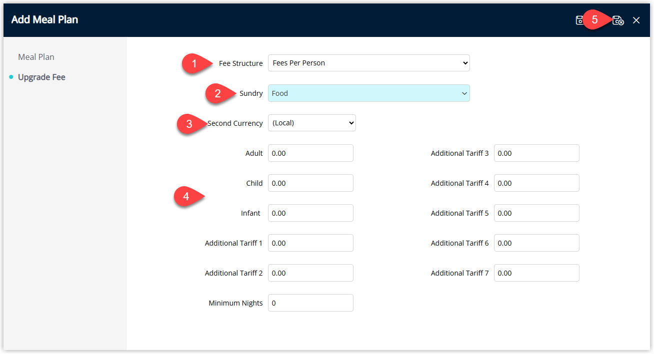 RMS Meal Plan Upgrade Fee tab configured with Fee Structure set to Fees Per Person, a Sundry Charge and Currency selected, Per Person Fees entered, optional Minimum Nights completed, and Save/Exit clicked to save the per-person upgrade fee.