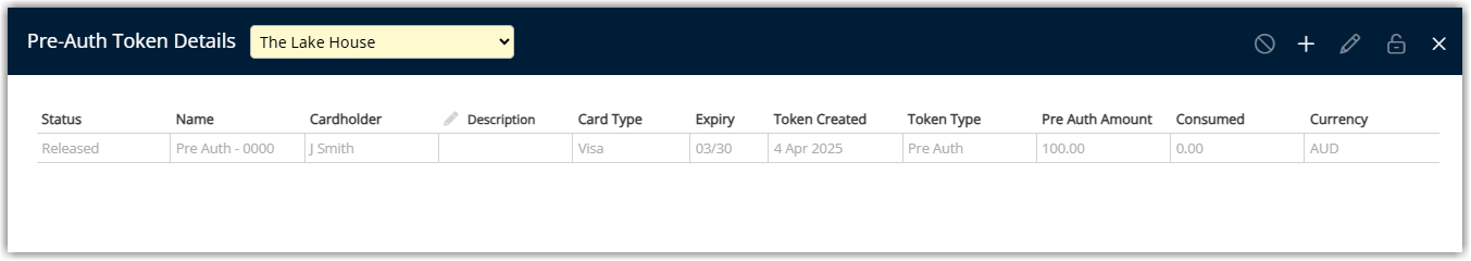 Screenshot of the RMS account transactions list after the release showing the pre-authorised amount marked as released and no longer held against the guest’s card.