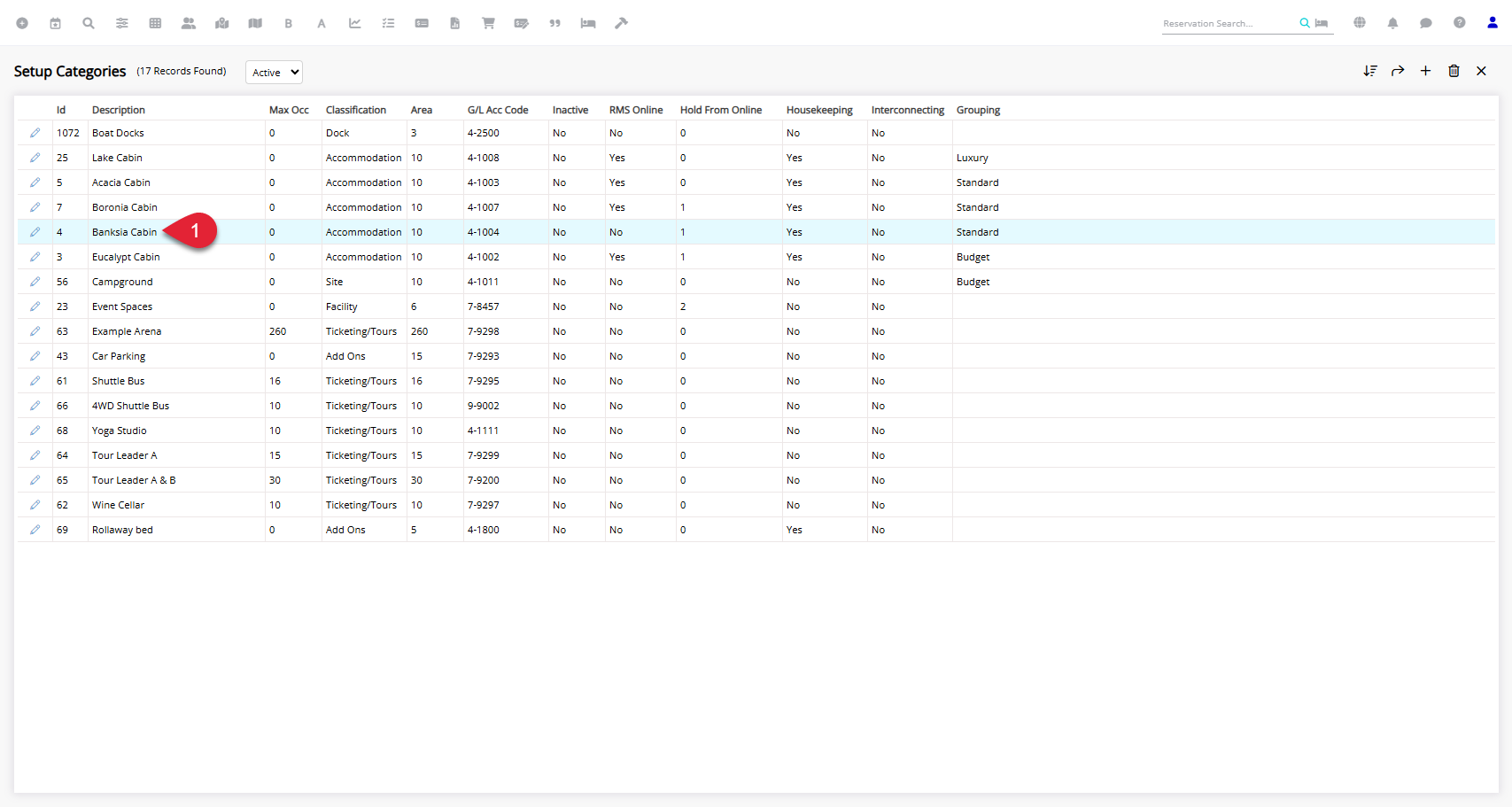 Category/Area setup screen in RMS showing a list of categories with one category highlighted and an Edit button selected to open its details