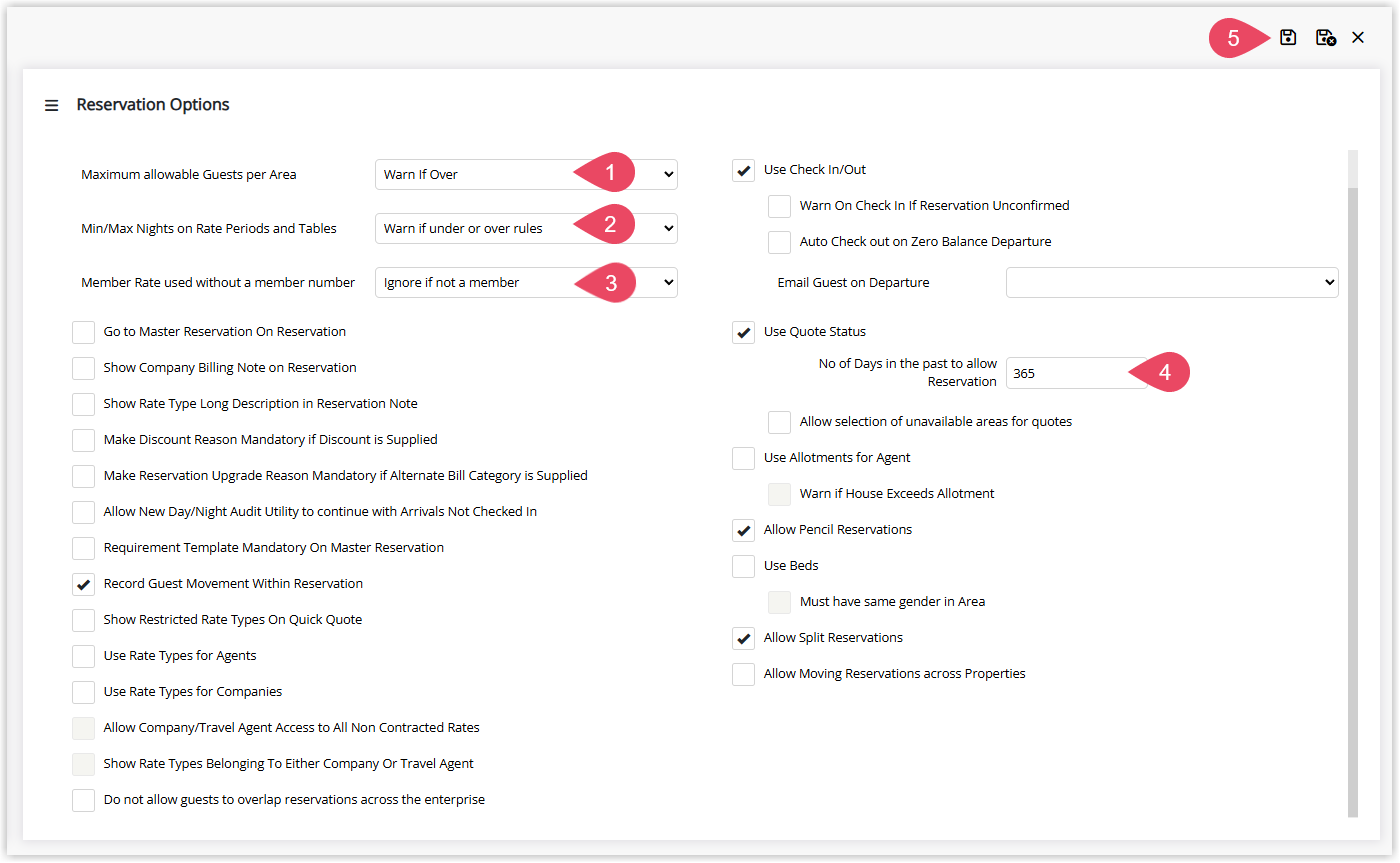 Annotated screenshot of the Reservation Options screen in RMS showing the Maximum allowable Guests per Area, Min/Max Nights, and Member Rate settings
