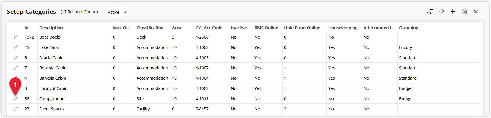 Category/Area list in RMS showing Categories with the Edit icon selected for a Category classified as a Site.